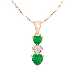 5mm AA Dangling Emerald and Diamond Triple Heart Pendant in Rose Gold