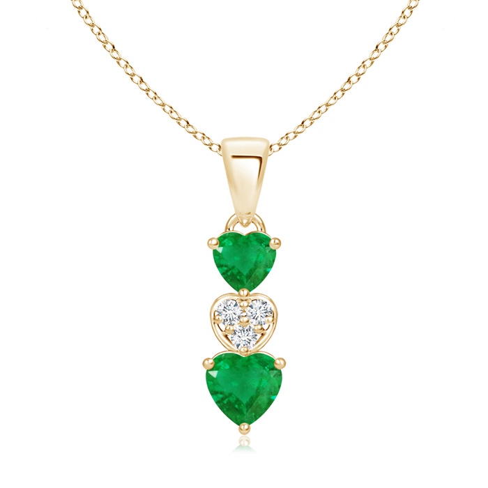5mm AA Dangling Emerald and Diamond Triple Heart Pendant in Yellow Gold 