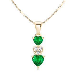 5mm AAA Dangling Emerald and Diamond Triple Heart Pendant in 10K Yellow Gold