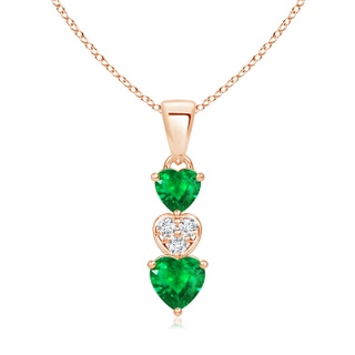5mm AAA Dangling Emerald and Diamond Triple Heart Pendant in 9K Rose Gold