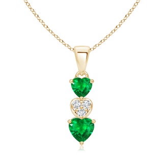 5mm AAA Dangling Emerald and Diamond Triple Heart Pendant in 9K Yellow Gold