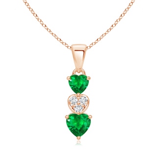 5mm AAA Dangling Emerald and Diamond Triple Heart Pendant in Rose Gold