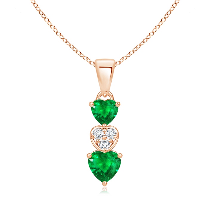 5mm AAA Dangling Emerald and Diamond Triple Heart Pendant in Rose Gold 