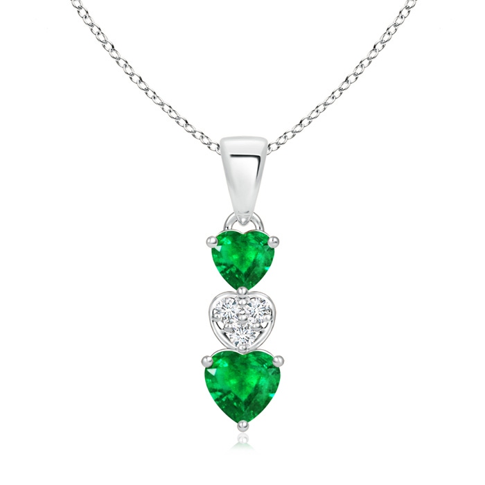 5mm AAA Dangling Emerald and Diamond Triple Heart Pendant in White Gold 