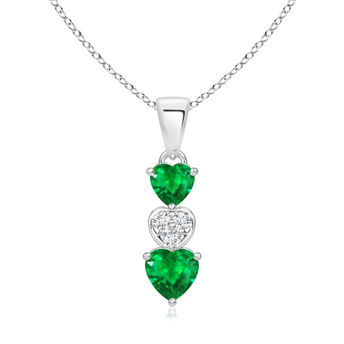 5mm AAA Dangling Emerald and Diamond Triple Heart Pendant in White Gold