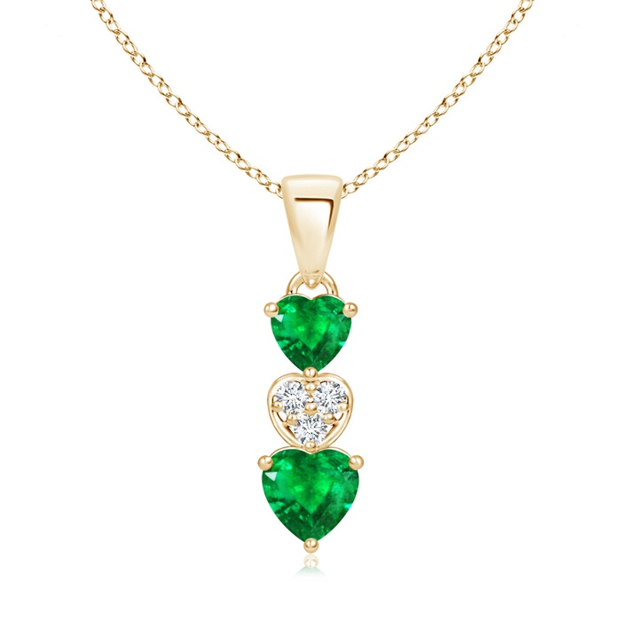 5mm AAA Dangling Emerald and Diamond Triple Heart Pendant in Yellow Gold