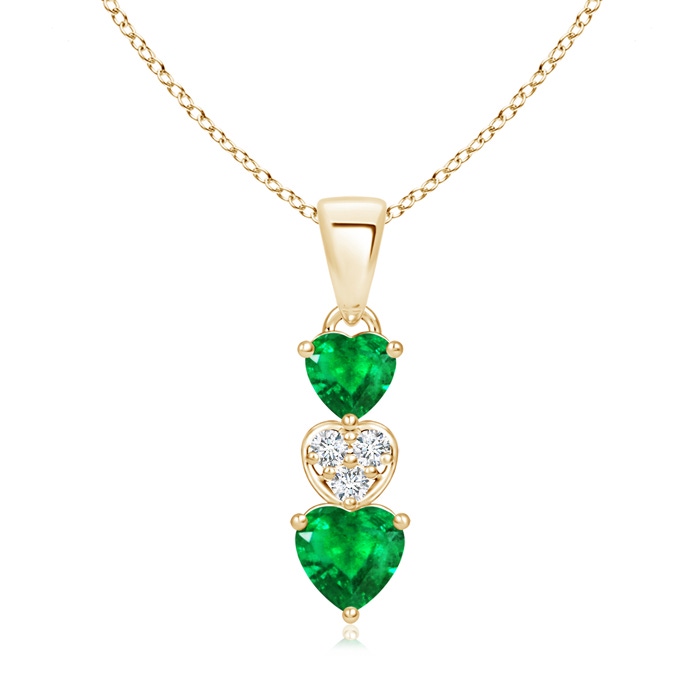 5mm AAA Dangling Emerald and Diamond Triple Heart Pendant in Yellow Gold 