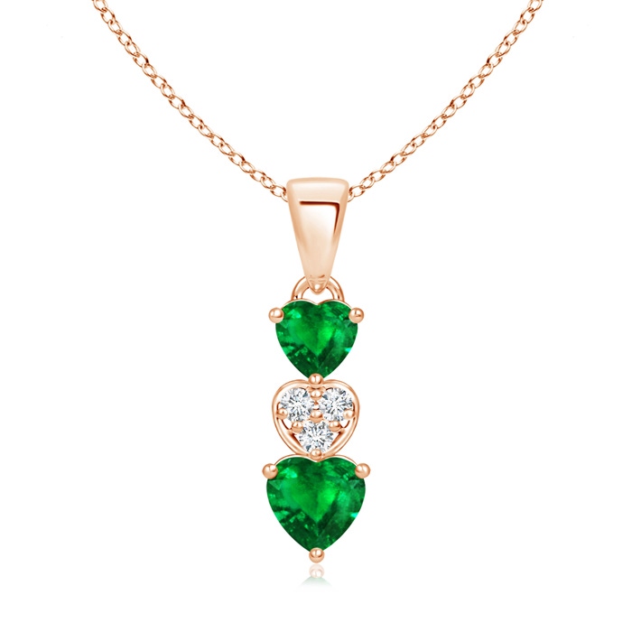5mm AAAA Dangling Emerald and Diamond Triple Heart Pendant in Rose Gold