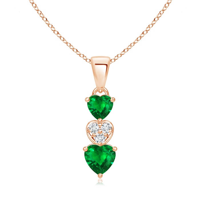 5mm AAAA Dangling Emerald and Diamond Triple Heart Pendant in Rose Gold 