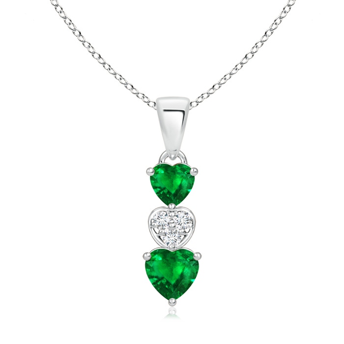 5mm AAAA Dangling Emerald and Diamond Triple Heart Pendant in White Gold 