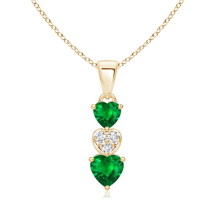 5mm AAAA Dangling Emerald and Diamond Triple Heart Pendant in Yellow Gold