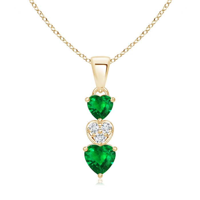 5mm AAAA Dangling Emerald and Diamond Triple Heart Pendant in Yellow Gold 
