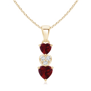 5mm AA Dangling Garnet and Diamond Triple Heart Pendant in 9K Yellow Gold