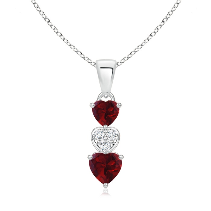 5mm AA Dangling Garnet and Diamond Triple Heart Pendant in White Gold 