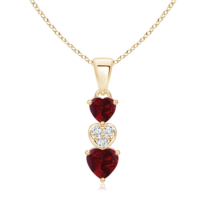 5mm AA Dangling Garnet and Diamond Triple Heart Pendant in Yellow Gold 