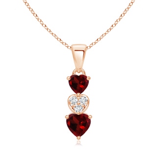 5mm AAA Dangling Garnet and Diamond Triple Heart Pendant in Rose Gold