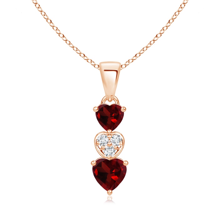 5mm AAA Dangling Garnet and Diamond Triple Heart Pendant in Rose Gold 