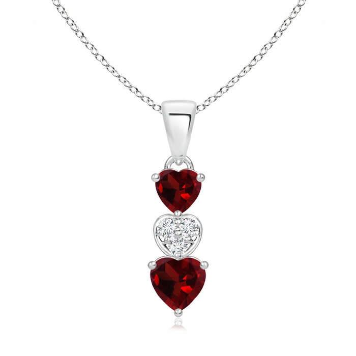 5mm AAA Dangling Garnet and Diamond Triple Heart Pendant in White Gold 