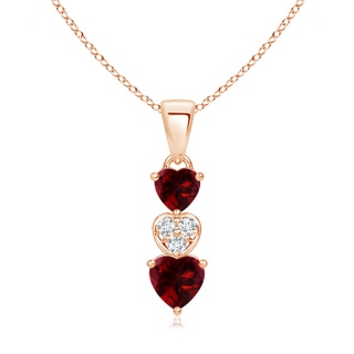 5mm AAAA Dangling Garnet and Diamond Triple Heart Pendant in 9K Rose Gold