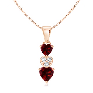 5mm AAAA Dangling Garnet and Diamond Triple Heart Pendant in Rose Gold
