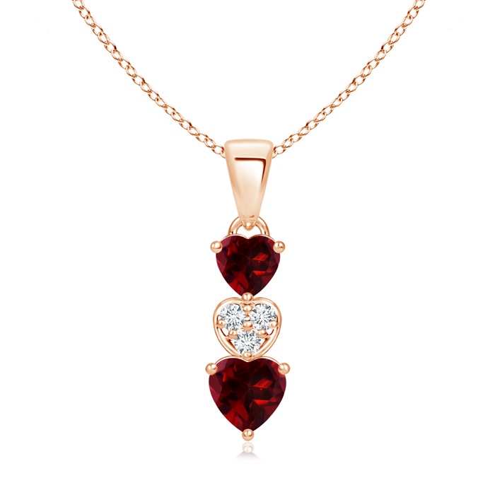 5mm AAAA Dangling Garnet and Diamond Triple Heart Pendant in Rose Gold 