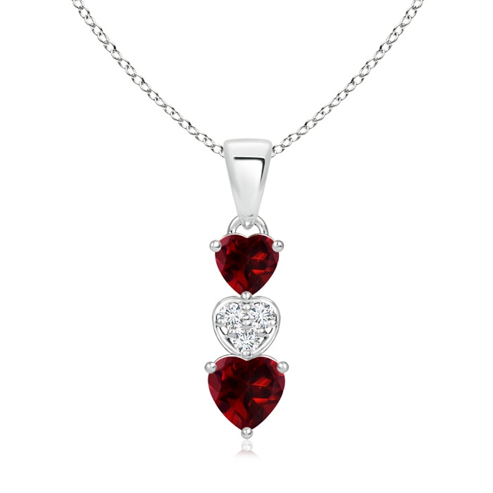 5mm AAAA Dangling Garnet and Diamond Triple Heart Pendant in White Gold 