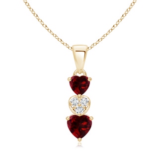 5mm AAAA Dangling Garnet and Diamond Triple Heart Pendant in Yellow Gold