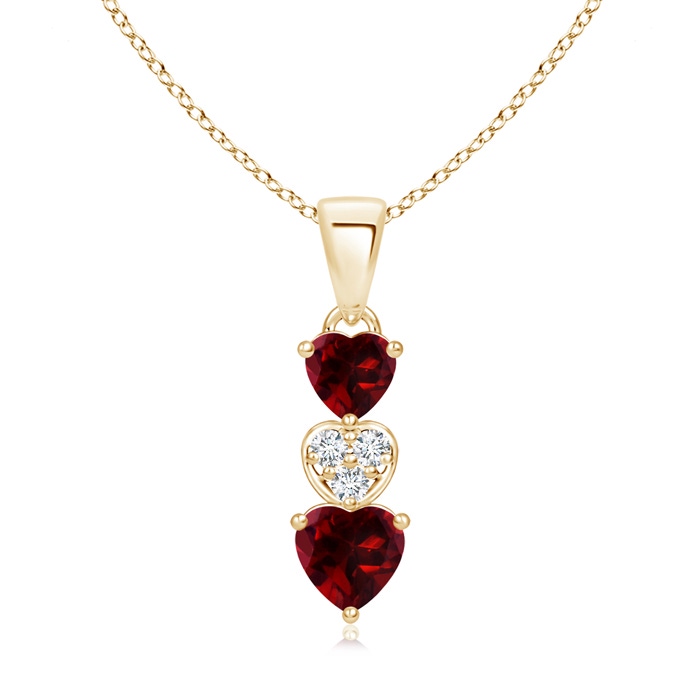 5mm AAAA Dangling Garnet and Diamond Triple Heart Pendant in Yellow Gold 