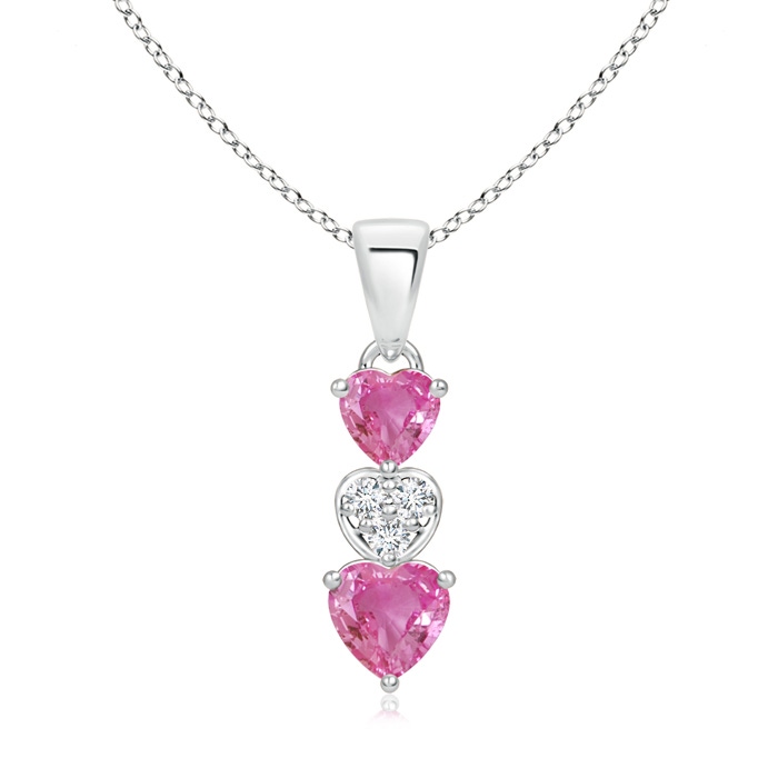 5mm AAA Dangling Pink Sapphire and Diamond Triple Heart Pendant in White Gold 