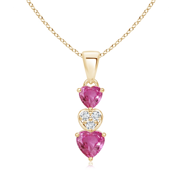 5mm AAAA Dangling Pink Sapphire and Diamond Triple Heart Pendant in Yellow Gold