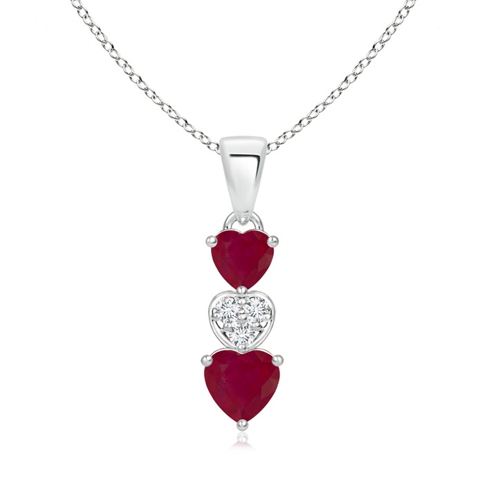 5mm A Dangling Ruby and Diamond Triple Heart Pendant in White Gold 
