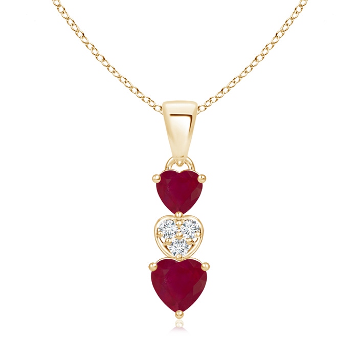 5mm A Dangling Ruby and Diamond Triple Heart Pendant in Yellow Gold 