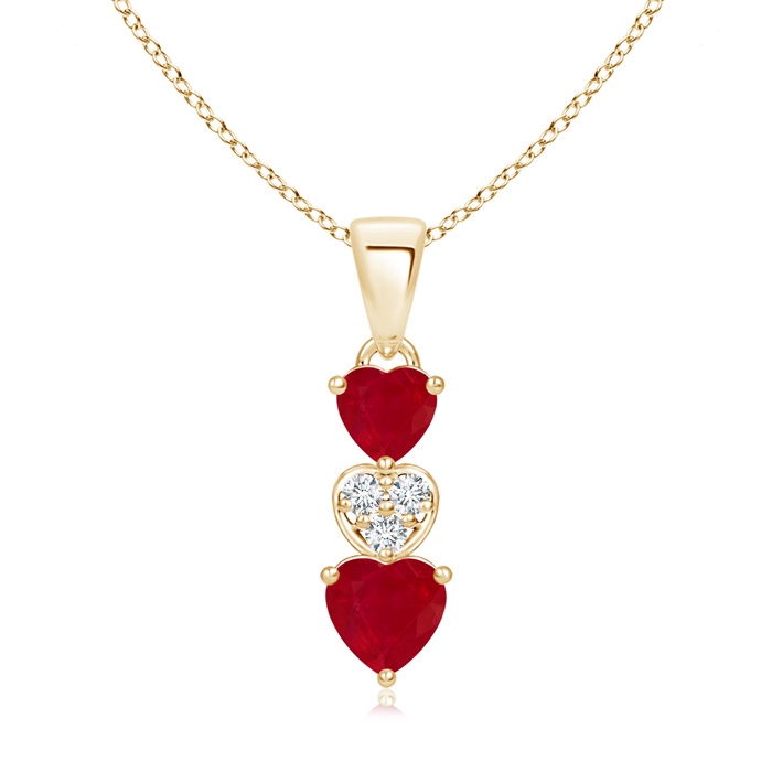 5mm AA Dangling Ruby and Diamond Triple Heart Pendant in Yellow Gold 