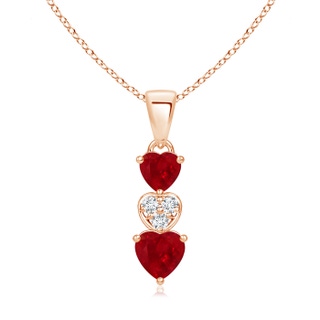 5mm AAA Dangling Ruby and Diamond Triple Heart Pendant in Rose Gold
