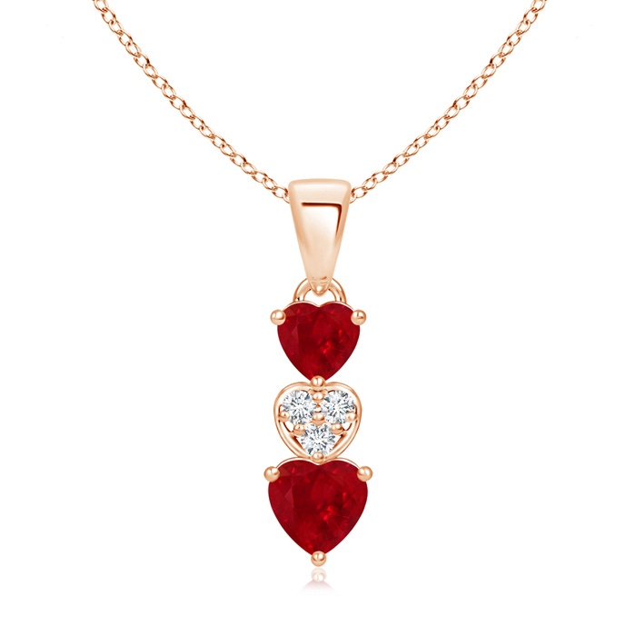 5mm AAA Dangling Ruby and Diamond Triple Heart Pendant in Rose Gold 