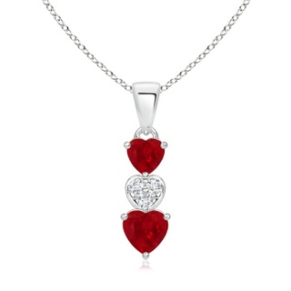 5mm AAA Dangling Ruby and Diamond Triple Heart Pendant in White Gold