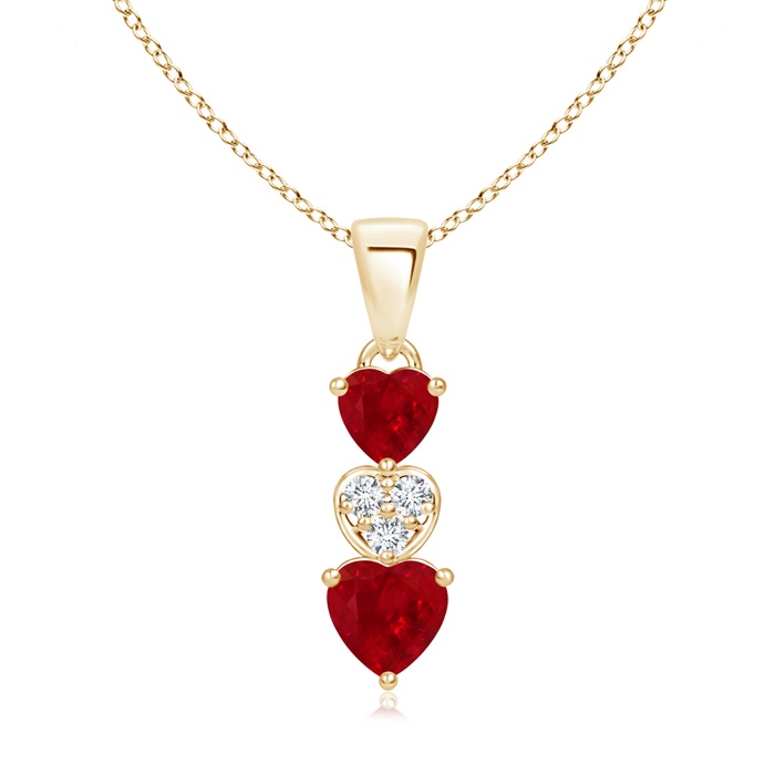 5mm AAA Dangling Ruby and Diamond Triple Heart Pendant in Yellow Gold 