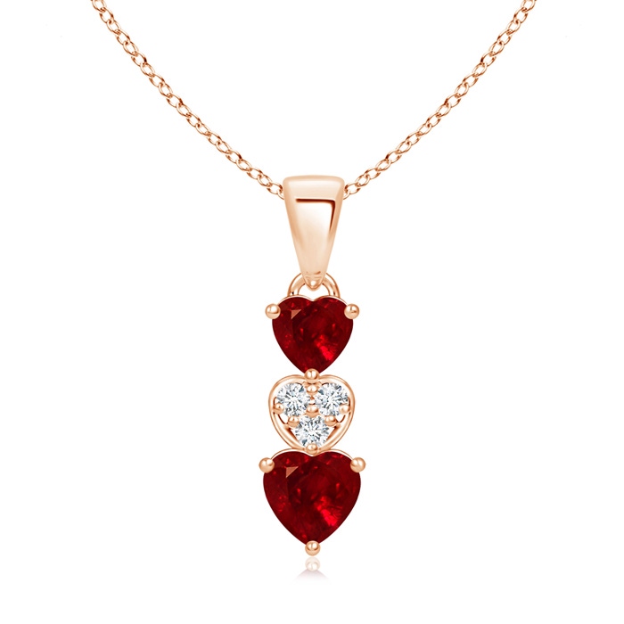 5mm AAAA Dangling Ruby and Diamond Triple Heart Pendant in Rose Gold