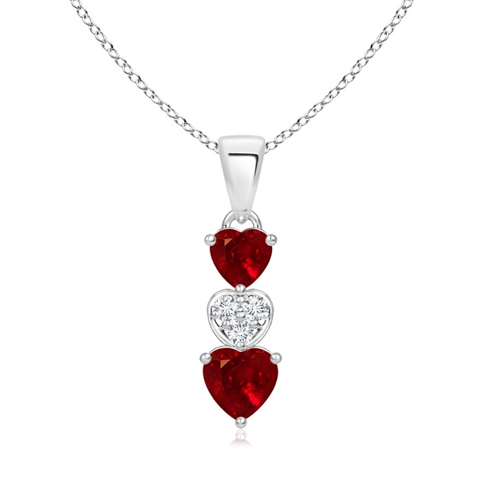 5mm AAAA Dangling Ruby and Diamond Triple Heart Pendant in White Gold