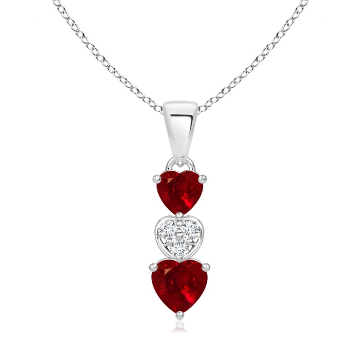 5mm AAAA Dangling Ruby and Diamond Triple Heart Pendant in White Gold 