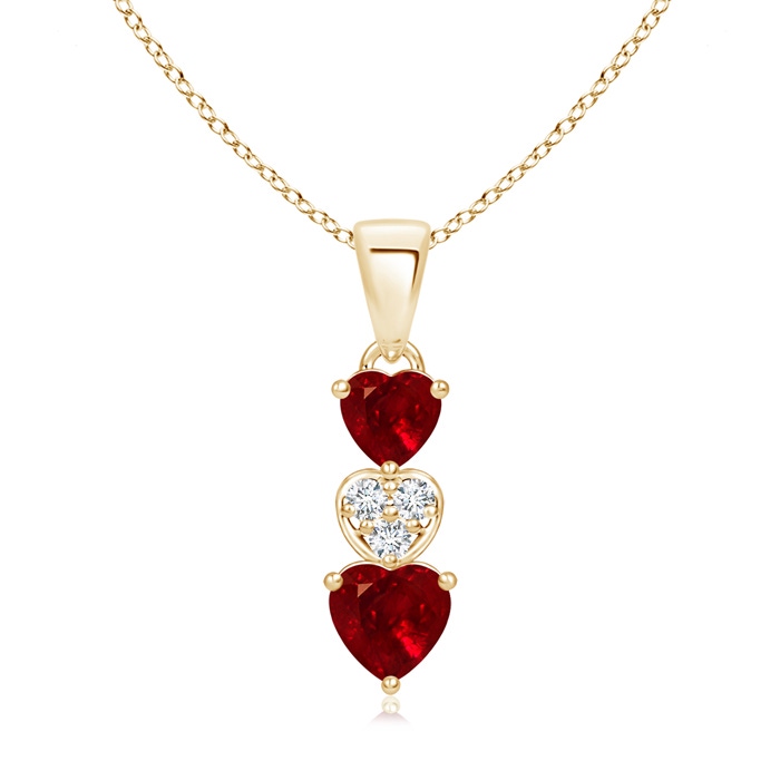 5mm AAAA Dangling Ruby and Diamond Triple Heart Pendant in Yellow Gold 