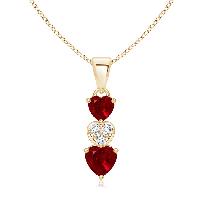 5mm AAAA Dangling Ruby and Diamond Triple Heart Pendant in Yellow Gold