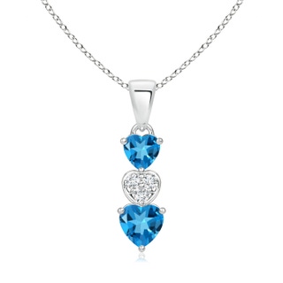 5mm AAAA Dangling Swiss Blue Topaz and Diamond Triple Heart Pendant in 9K White Gold