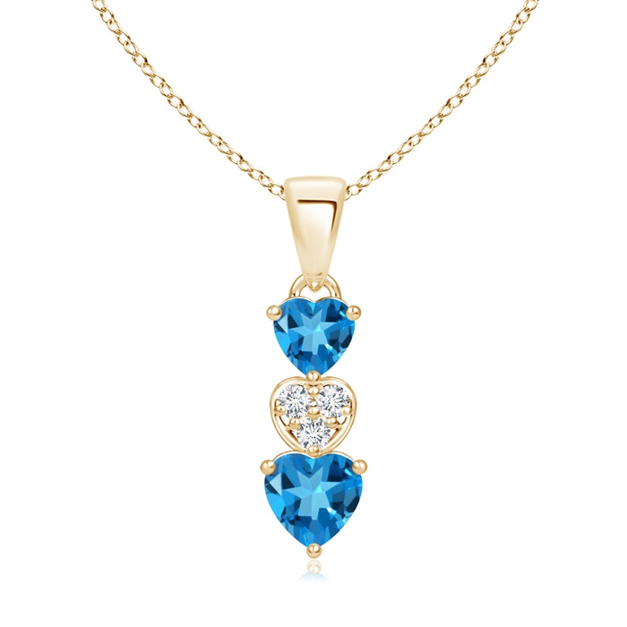 5mm AAAA Dangling Swiss Blue Topaz and Diamond Triple Heart Pendant in Yellow Gold 