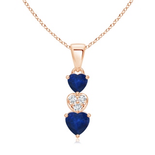 5mm AA Dangling Blue Sapphire and Diamond Triple Heart Pendant in Rose Gold