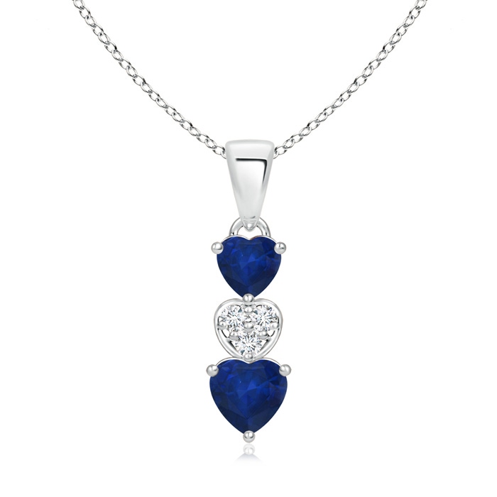 5mm AA Dangling Blue Sapphire and Diamond Triple Heart Pendant in White Gold 