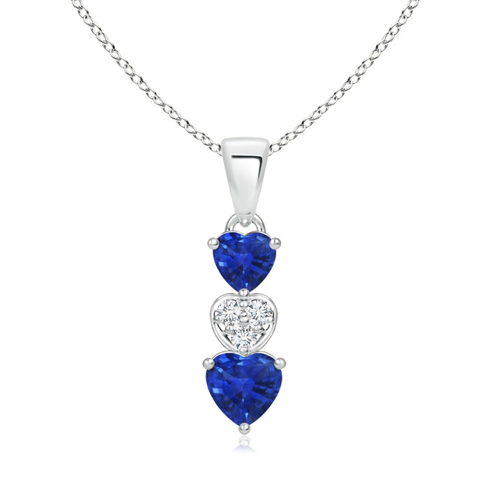 5mm AAA Dangling Blue Sapphire and Diamond Triple Heart Pendant in White Gold