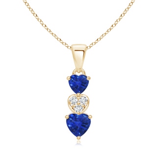 5mm AAA Dangling Blue Sapphire and Diamond Triple Heart Pendant in Yellow Gold