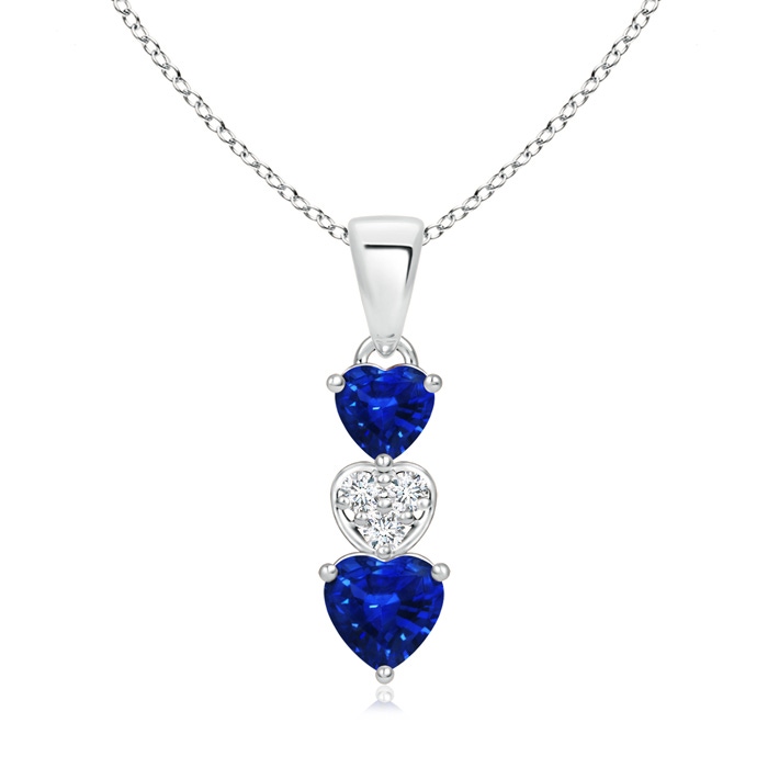 5mm AAAA Dangling Blue Sapphire and Diamond Triple Heart Pendant in White Gold 