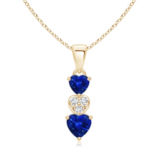 5mm AAAA Dangling Blue Sapphire and Diamond Triple Heart Pendant in Yellow Gold